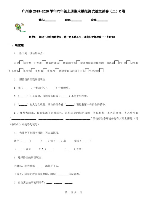 广州市2019-2020学年六年级上册期末模拟测试语文试卷(二)C卷