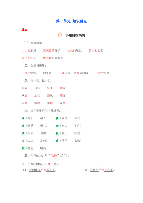 二年级语文上册1-4单元知识要点