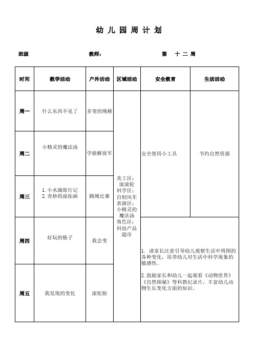 大班下第十二周计划