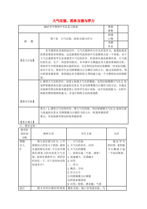 福建省南平市2017届中考物理第一轮复习 第十章 大气压强、流体压强与浮力教案