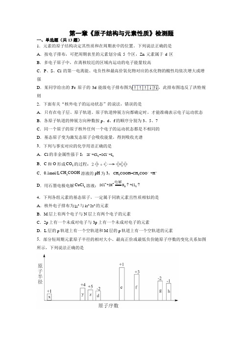 第一章《原子结构与元素性质》检测题  2021-2022学年高二化学鲁科版(2019)选择性必修2 