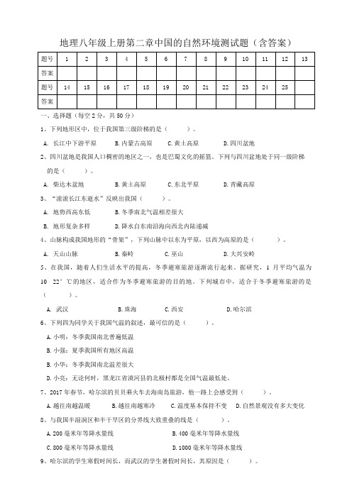 人教版初中地理八年级上册第二章中国的自然环境测试题(含答案)