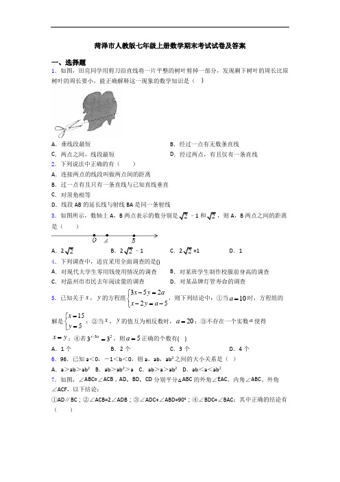 菏泽市人教版七年级上册数学期末考试试卷及答案