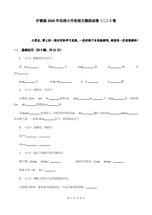 沪教版2020年名校小升初语文模拟试卷(二)C卷