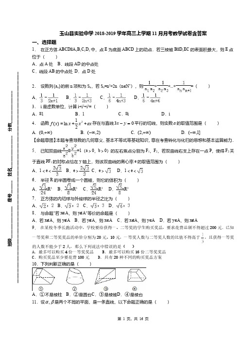 玉山县实验中学2018-2019学年高三上学期11月月考数学试卷含答案