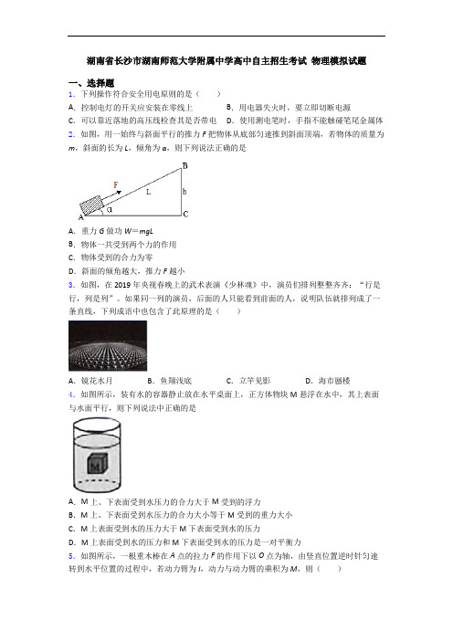 湖南省长沙市湖南师范大学附属中学高中自主招生考试 物理模拟试题