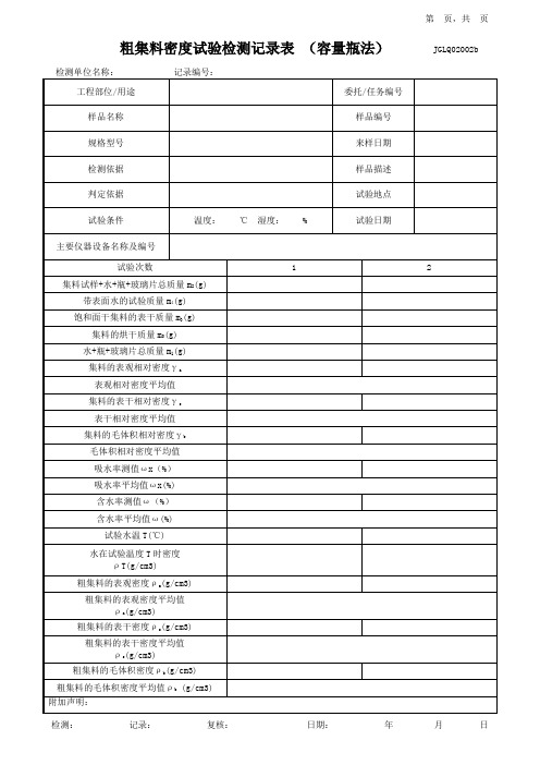 粗集料密度试验检测记录表(容量瓶法)