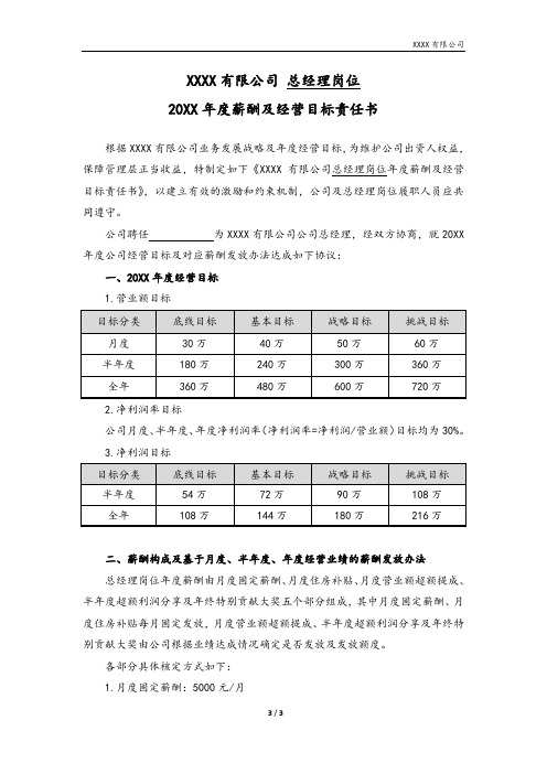 20XX年度薪酬及经营目标责任书(总经理岗位)