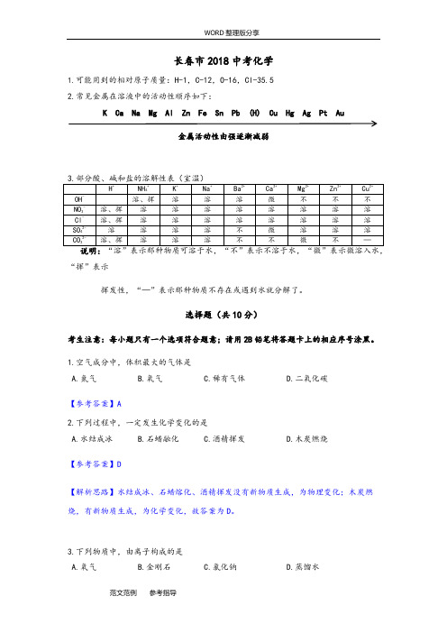 长春2018年中考化学试题及答案解析