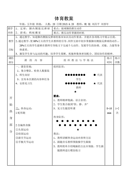 脚内侧接反弹球体育教案(魏敏、刘昌平、刘香年)