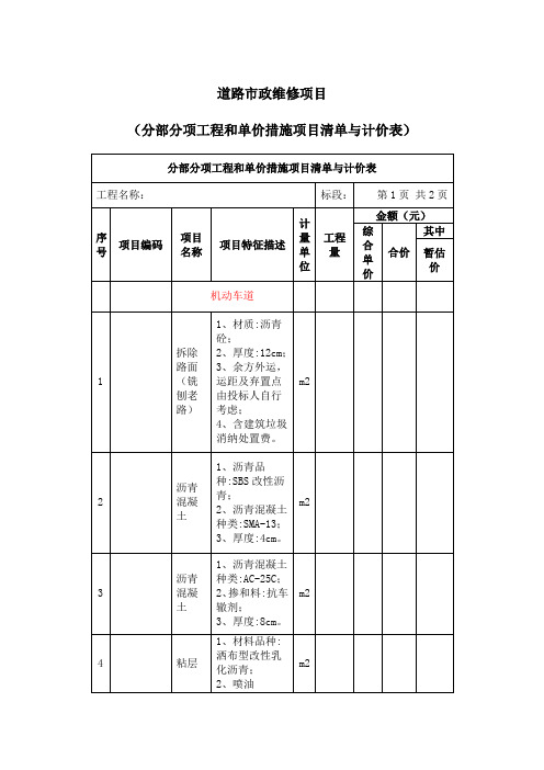 道路市政维修项目分部分项工程和单价措施项目清单与计价表