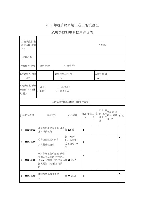 公路水运工程工地试验室及现场检测项目信用评价表