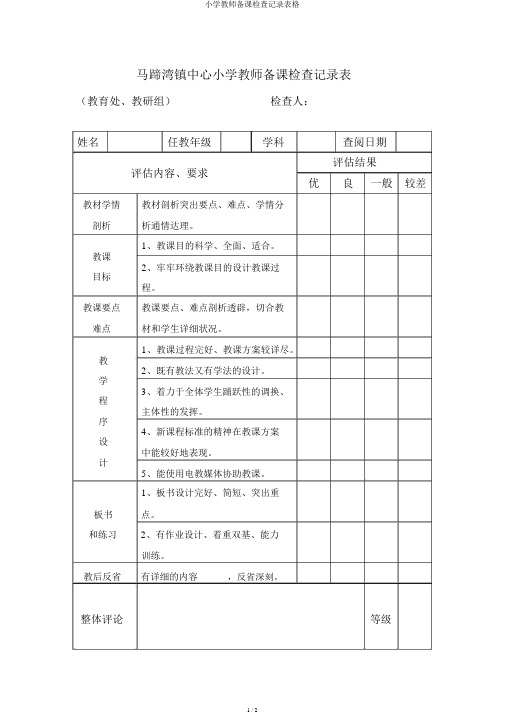 小学教师备课检查记录表格