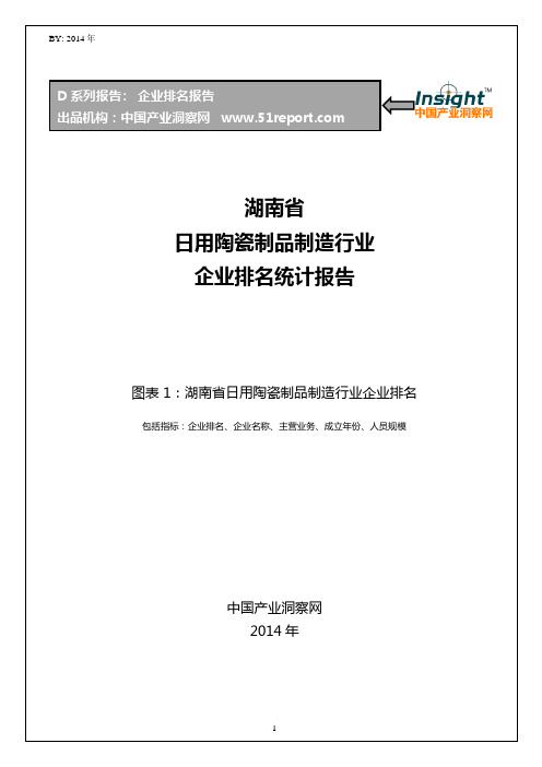 湖南省日用陶瓷制品制造行业企业排名统计报告