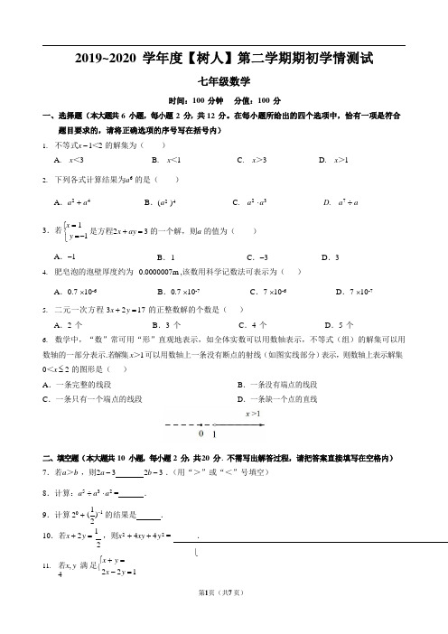 江苏省南京师范大学附属中学树人学校2019-2020学年第二学期苏科版数学七年级下期初学情测试(含答案)