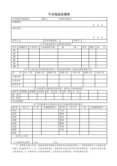 不合格品处理单