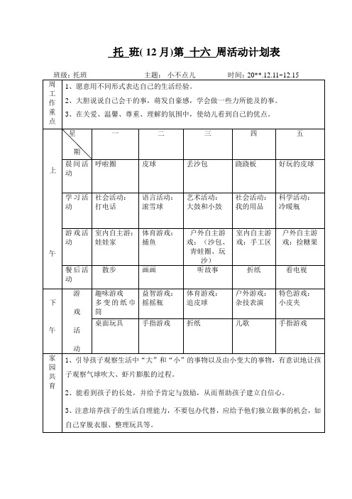 幼儿园托班第十六周活动计划表