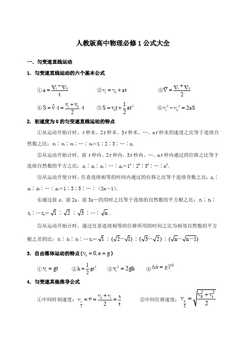 人教版高中物理必修一公式大全