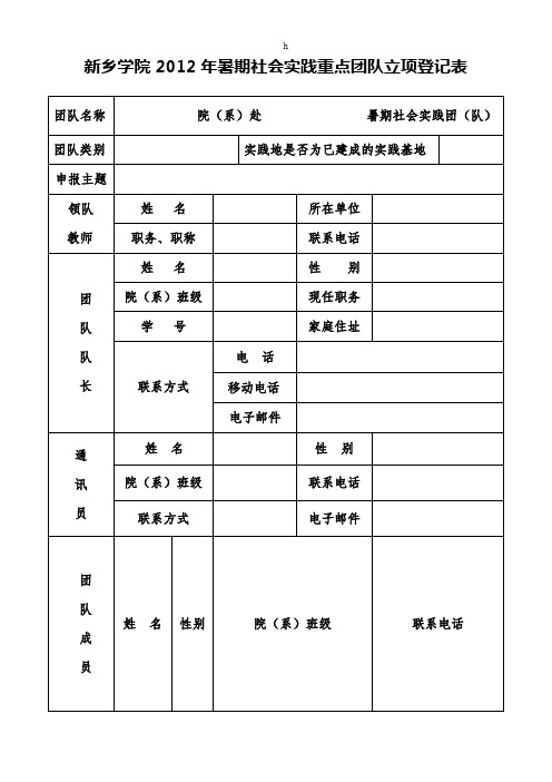 新乡学院2009年暑期社会实践重点团队立项登记表