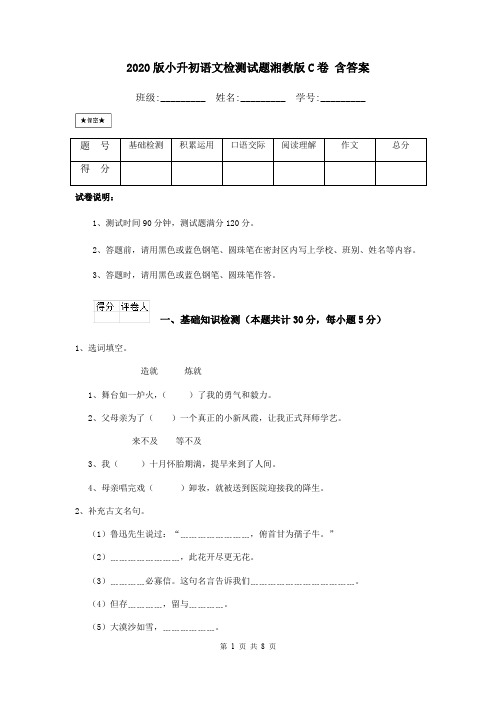 2020版小升初语文检测试题湘教版C卷 含答案