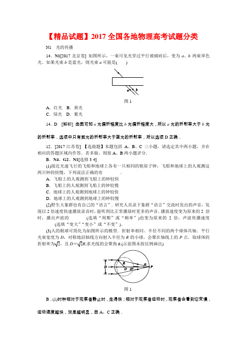 【精品试题】2017全国各地物理高考试题分类  N单元  光学 电磁波 相对论