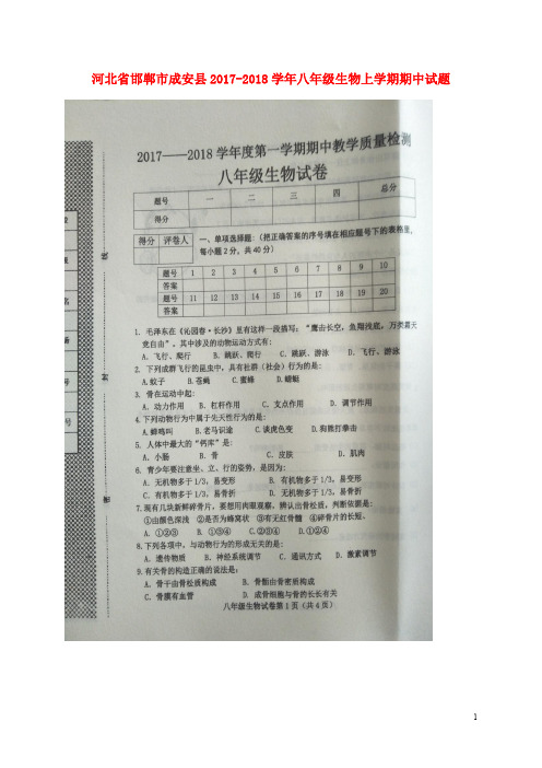 河北省邯郸市成安县八年级生物上学期期中试题(扫描版)