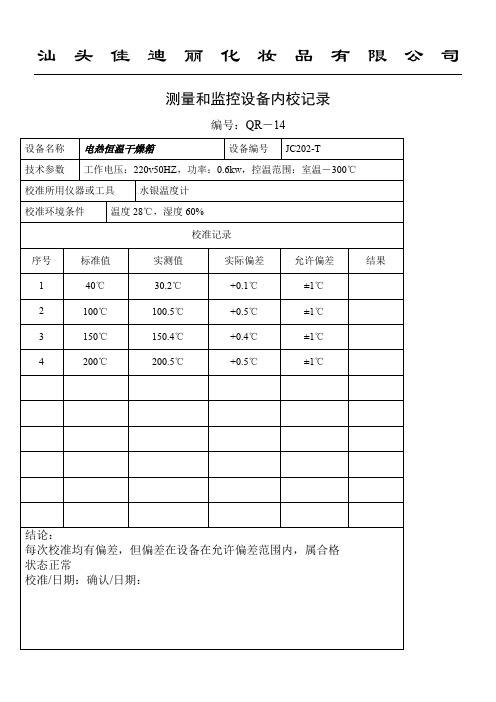 测量和监控设备内校记录表格模板