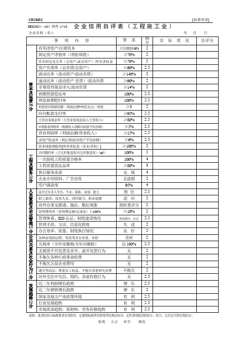 企业信用自评表(工程施工业)