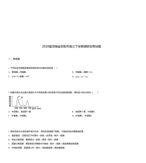 2020届河南省安阳市高三下学期调研生物试题