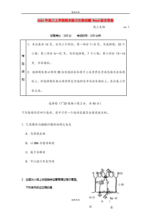 2021年高三上学期期末练习生物试题 Word版含答案