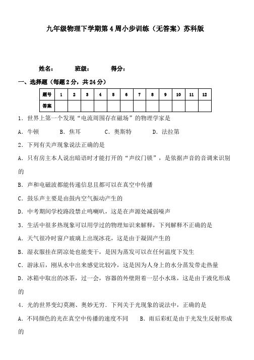 九年级物理下学期第4周小步训练(无答案)苏科版