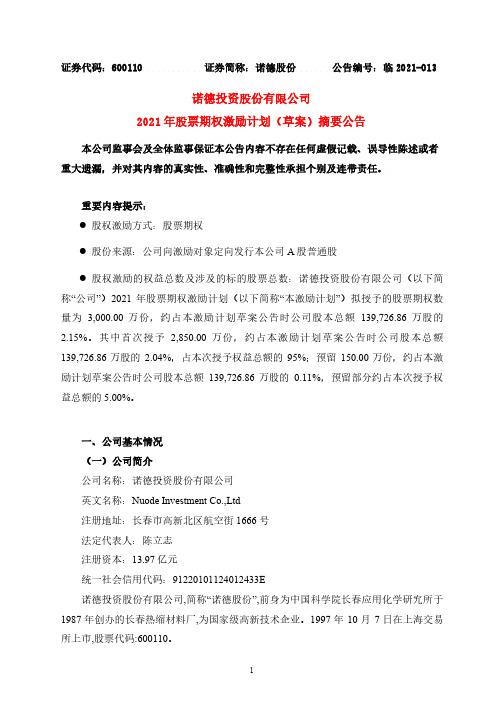 600110诺德投资股份有限公司2021年股票期权激励计划(草案)摘要2021-02-02