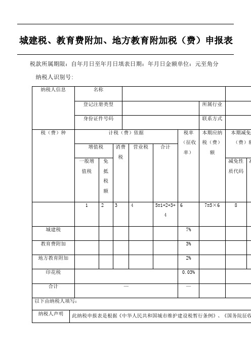 城建税、教育费附加、地方教育附加税(费)申报表格模板