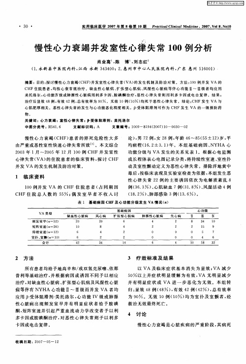 慢性心力衰竭并发室性心律失常100例分析