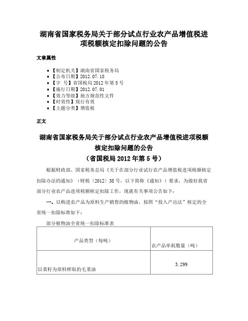 湖南省国家税务局关于部分试点行业农产品增值税进项税额核定扣除问题的公告