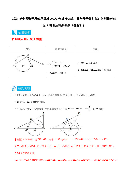 2024年中考数学压轴题重难点知识剖析及训练—圆与母子型相似：切割线定理反A模型压轴题专题(含解析)