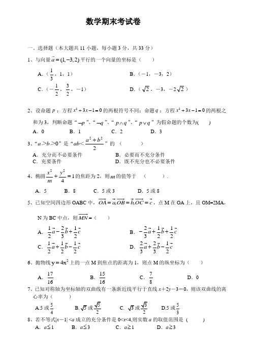 高二理科数学上学期期末试卷及答案