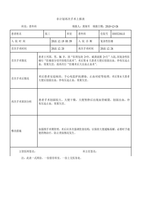 非计划再次手术上报表