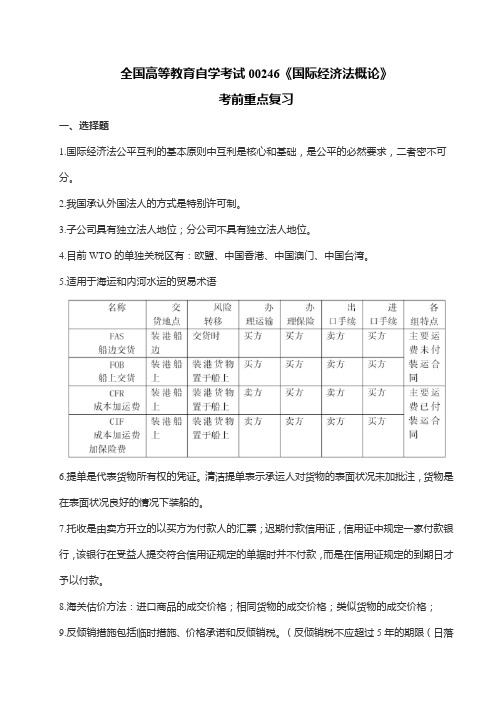 全国高等教育自学考试00246《国际经济法概论》考前重点复习