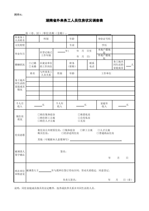 湖南省外来务工人员住房状况调查表