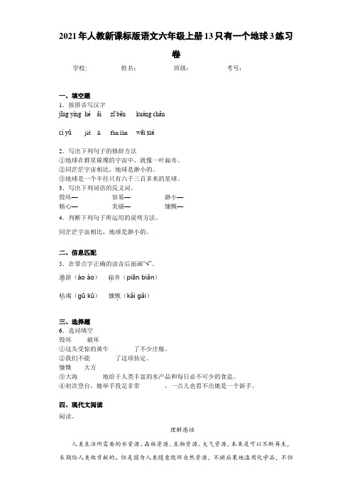 2021年人教新课标版语文六年级上册13只有一个地球3练习卷