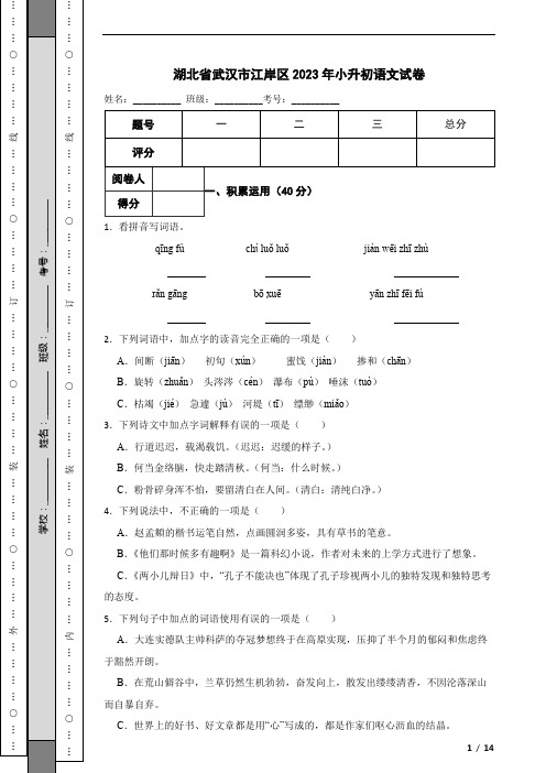 湖北省武汉市江岸区2023年小升初语文试卷