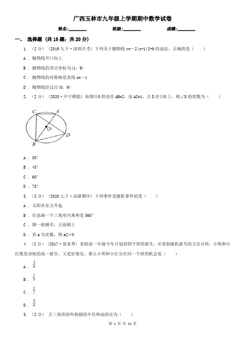 广西玉林市九年级上学期期中数学试卷