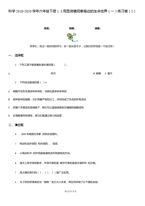 科学20192020学年六年级下册15用显微镜观察身边的生命世界一练习卷I卷.docx