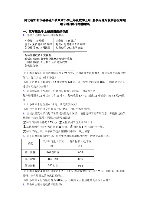 河北省邯郸市磁县磁州镇阜才小学五年级数学上册 解决问题培优解答应用题题专项训练带答案解析