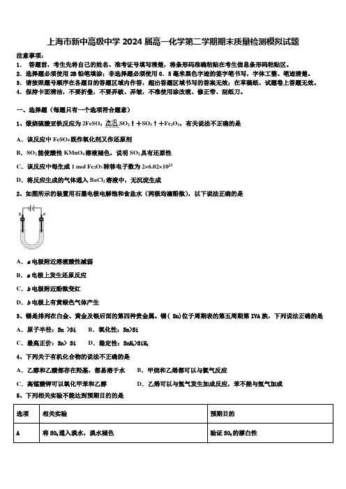 上海市新中高级中学2024届高一化学第二学期期末质量检测模拟试题含解析