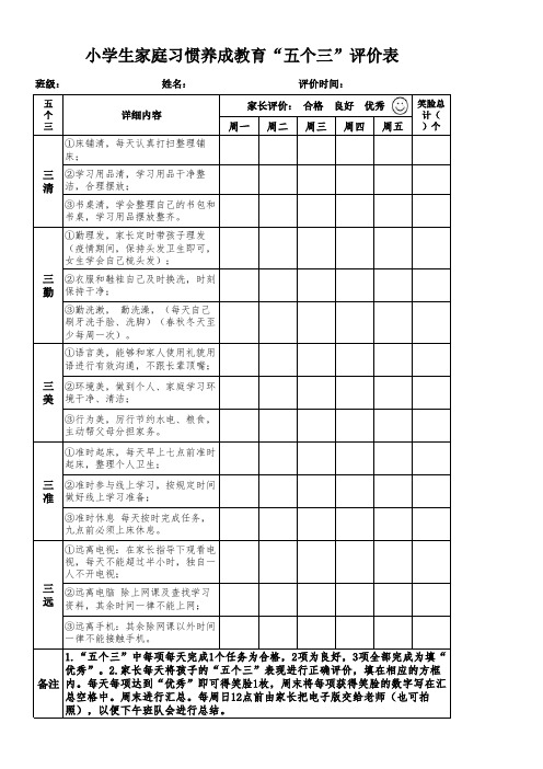 小学生家庭习惯养成教育“五个三”评价表1