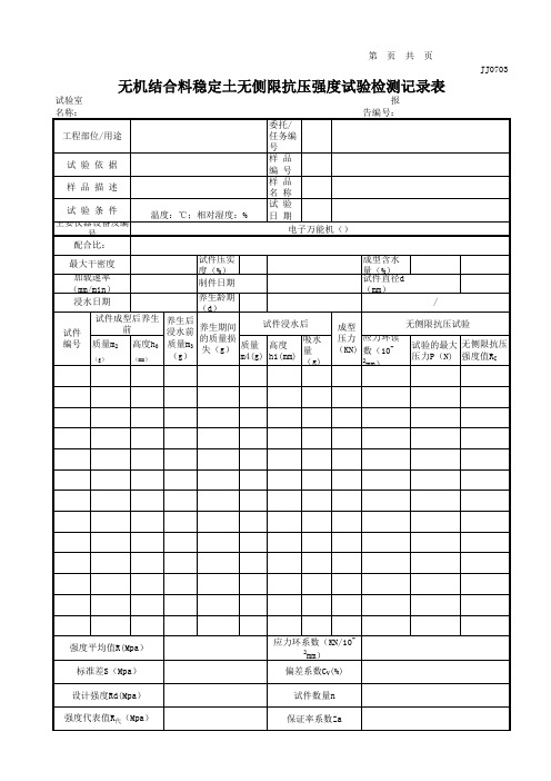 江苏2013新版无机结合料稳定土无侧限抗压强度试验检测记录表