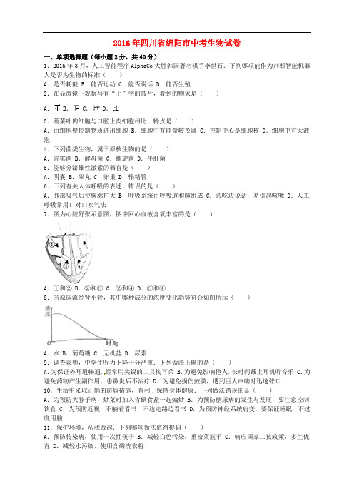 四川省绵阳市2016年中考生物真题试题(含解析)