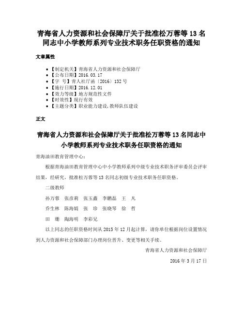 青海省人力资源和社会保障厅关于批准松万蓉等13名同志中小学教师系列专业技术职务任职资格的通知